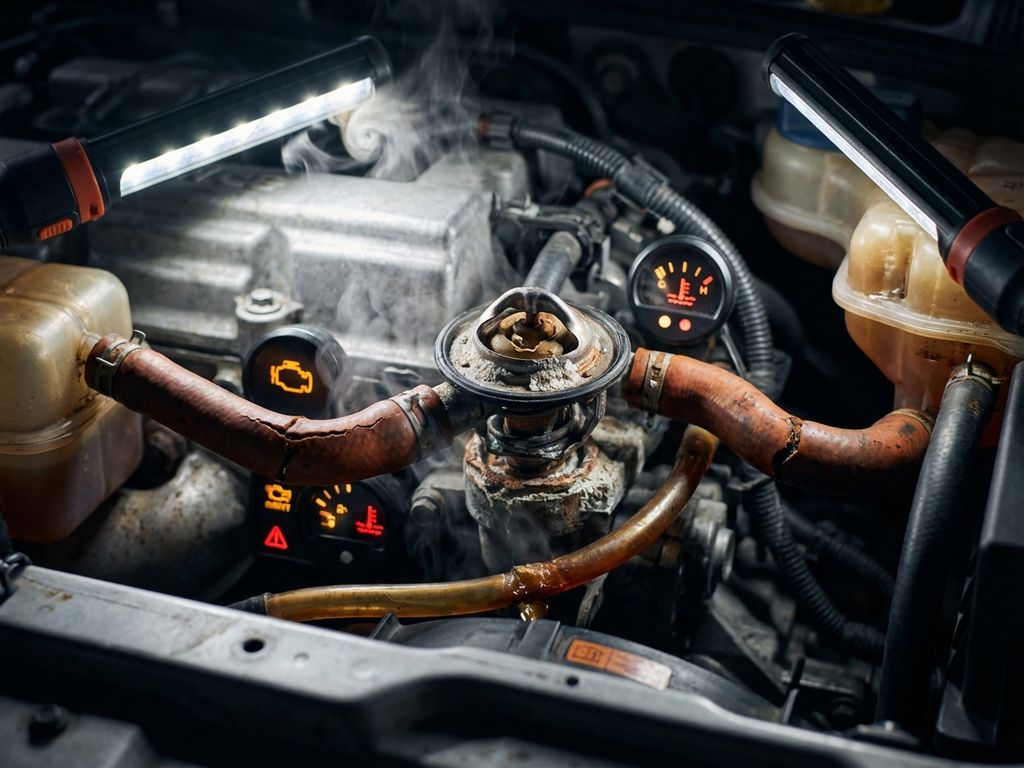 Car engine bay with failing thermostat component showing corrosion, steam from overheated coolant, and glowing warning lights