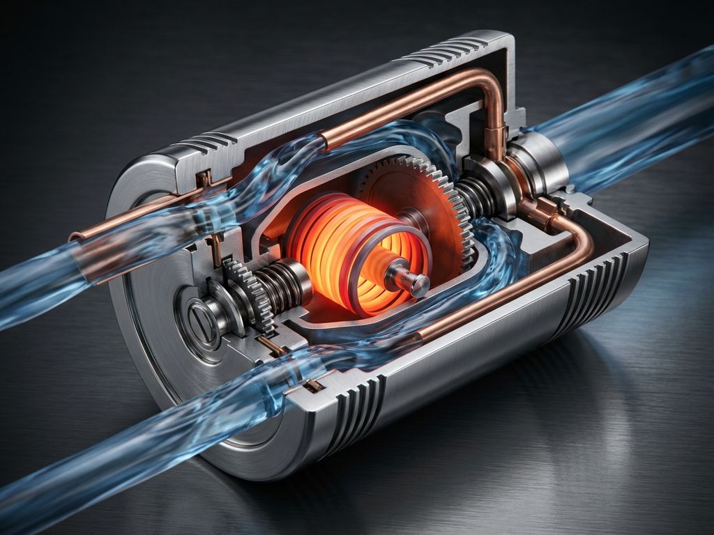 Cross-section of precision thermostat with glowing thermal expansion element surrounded by blue coolant in steel housing