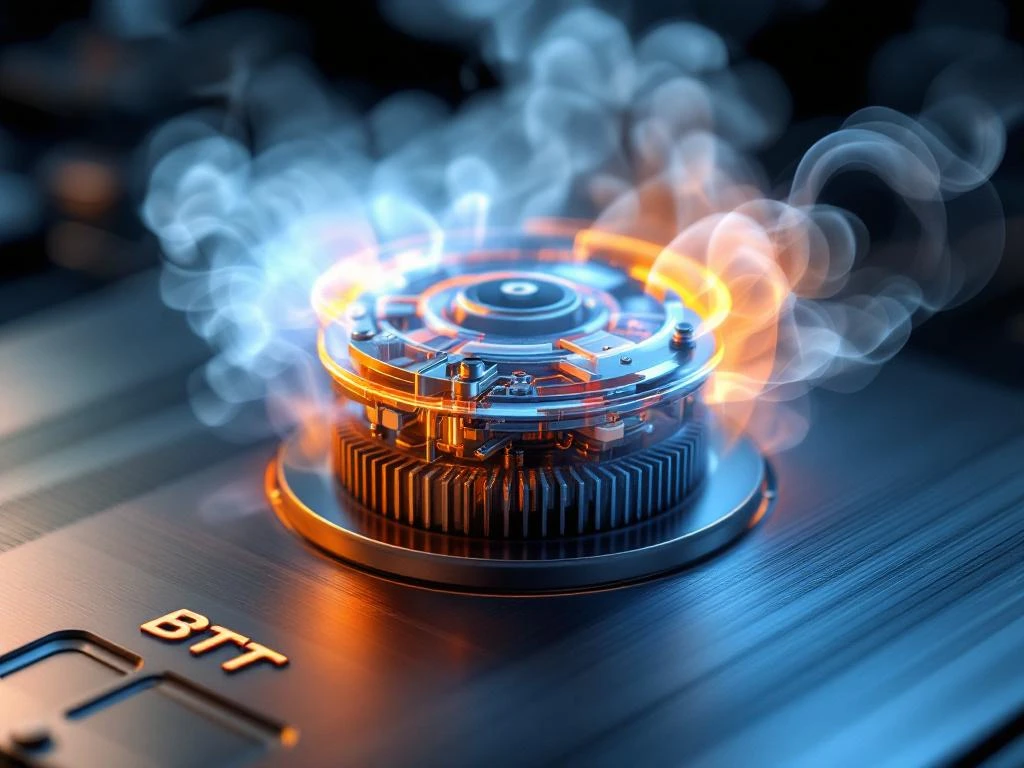 Precision thermostat component with metallic surfaces, visible internal mechanisms, and steam effects on gradient background.