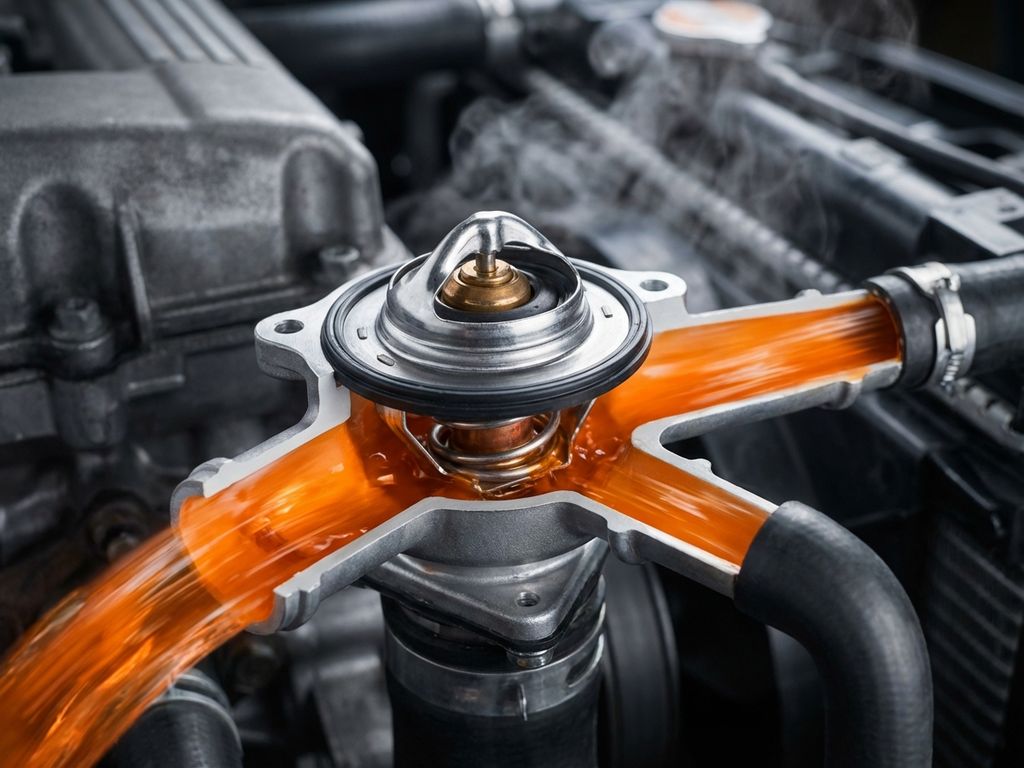 Car engine cooling system cross-section showing malfunctioning thermostat stuck open with orange coolant flowing through valve