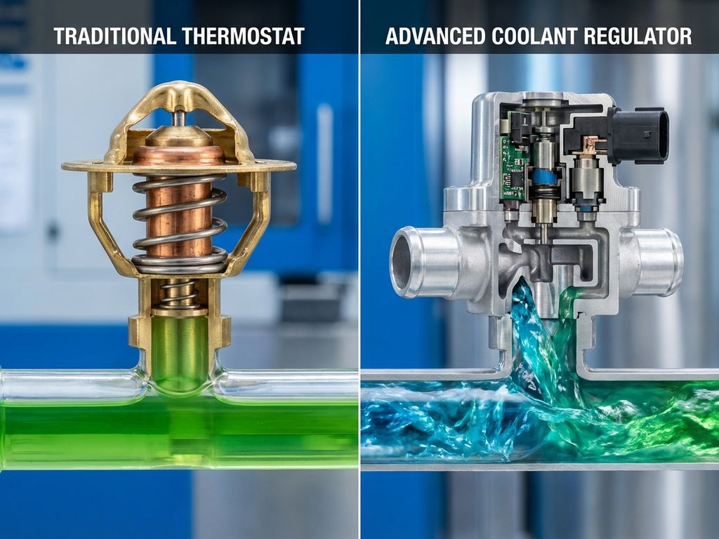 Split-screen cutaway comparison of traditional thermostat with wax capsule versus advanced electronic coolant regulator
