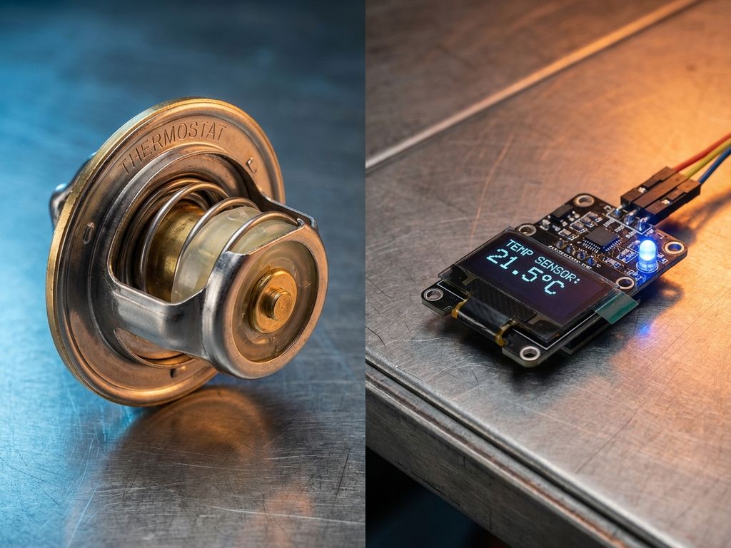 Split-screen comparison of modern thermostat with exposed wax element and digital temperature sensor with LED indicator on steel surface