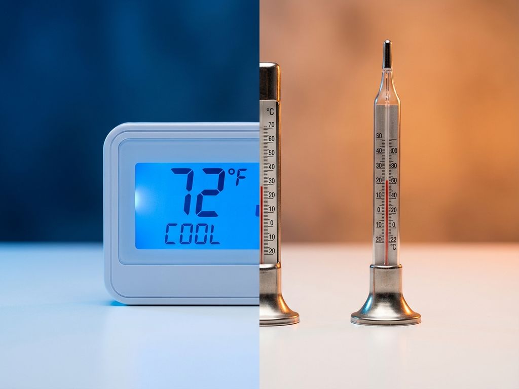 Digital thermostat with blue LED display next to classic mercury thermometer on white surface with blue-orange gradient background