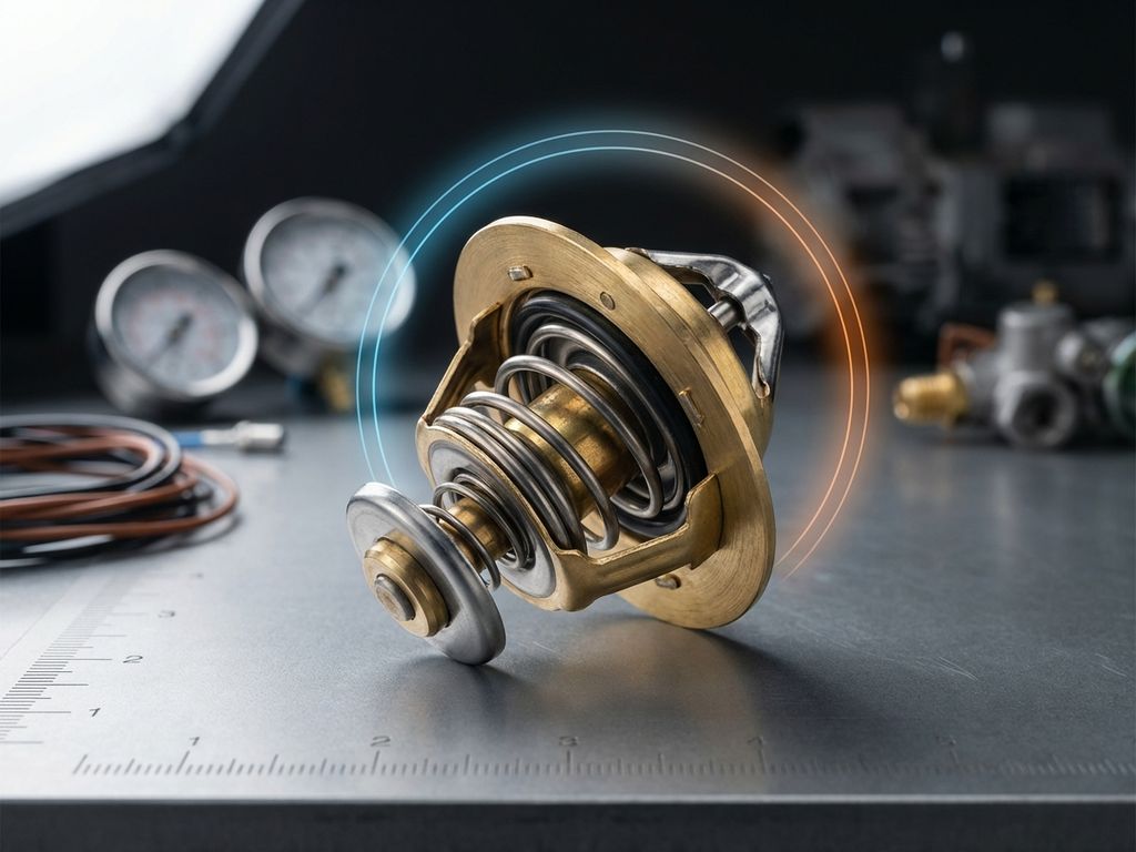 Precision wax element thermostat component with metallic housing and internal mechanism on technical surface