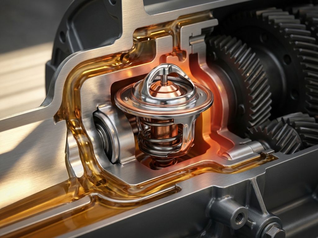 Automatic transmission oil thermostat cross-section showing chrome and copper components with amber fluid and glowing heat indicators