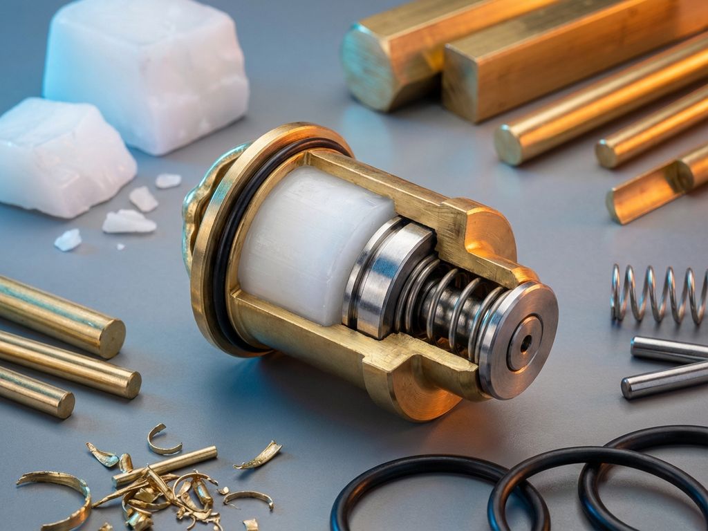Cross-section of wax element thermostat showing brass housing, paraffin wax core, piston and spring with raw materials