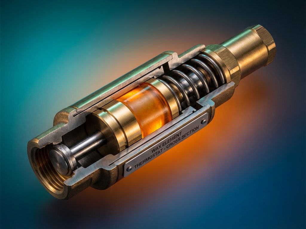 Cross-section of wax element thermostat showing brass housing, amber wax capsule, and spring mechanism with temperature gradient