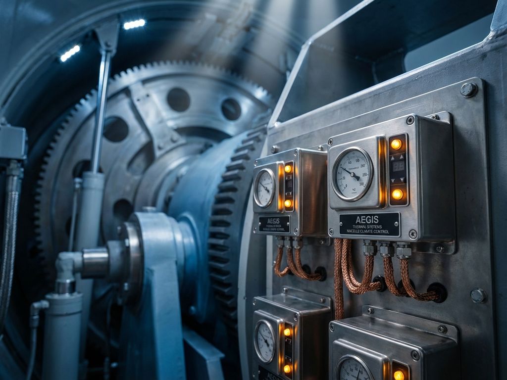 Industrial thermostats and temperature control components inside wind turbine nacelle with copper and steel finishes