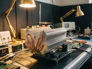 Precision-machined aluminum heat sink with copper heat pipes on testing bench surrounded by temperature monitoring equipment