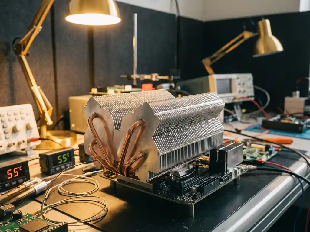 Precision-machined aluminum heat sink with copper heat pipes on testing bench surrounded by temperature monitoring equipment