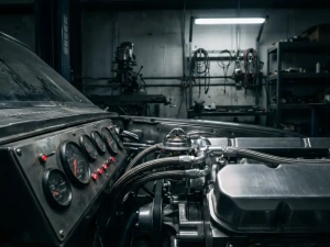 Car engine compartment with thermostat component and glowing red warning indicators on monitoring equipment in industrial setting