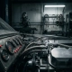 Car engine compartment with thermostat component and glowing red warning indicators on monitoring equipment in industrial setting