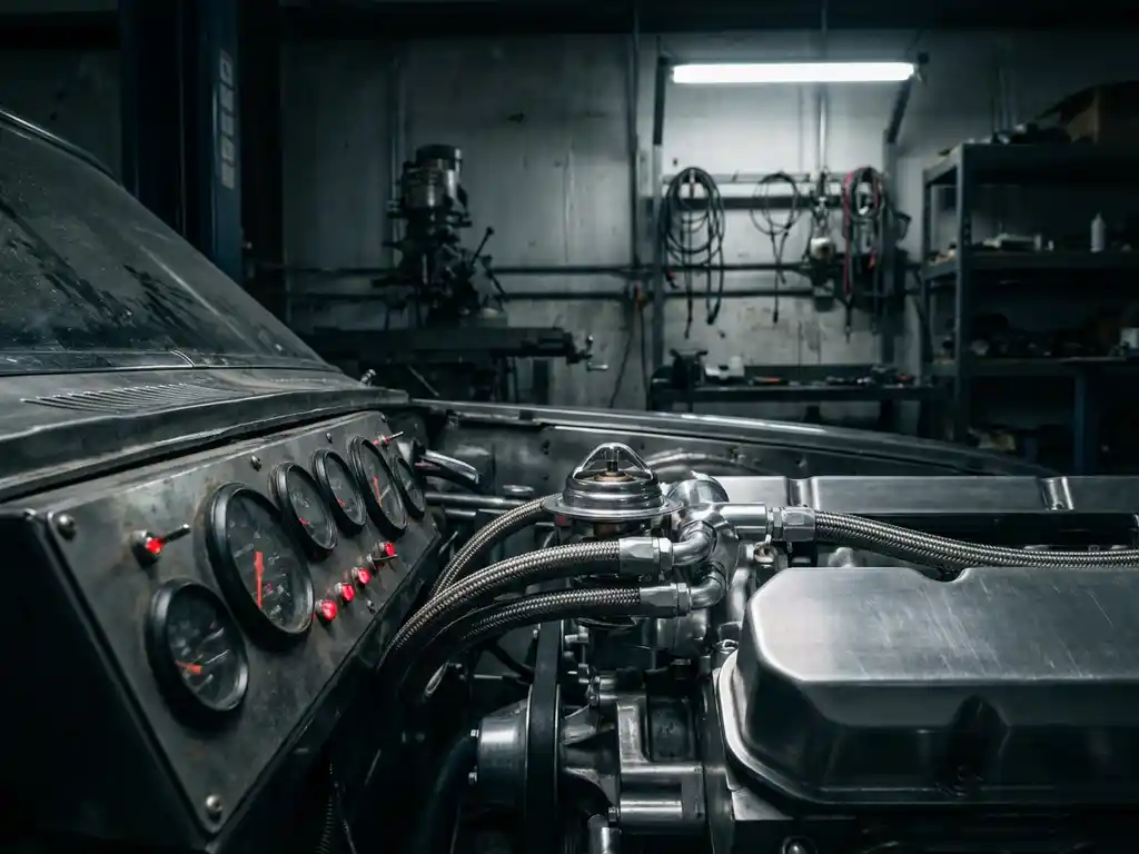 Car engine compartment with thermostat component and glowing red warning indicators on monitoring equipment in industrial setting