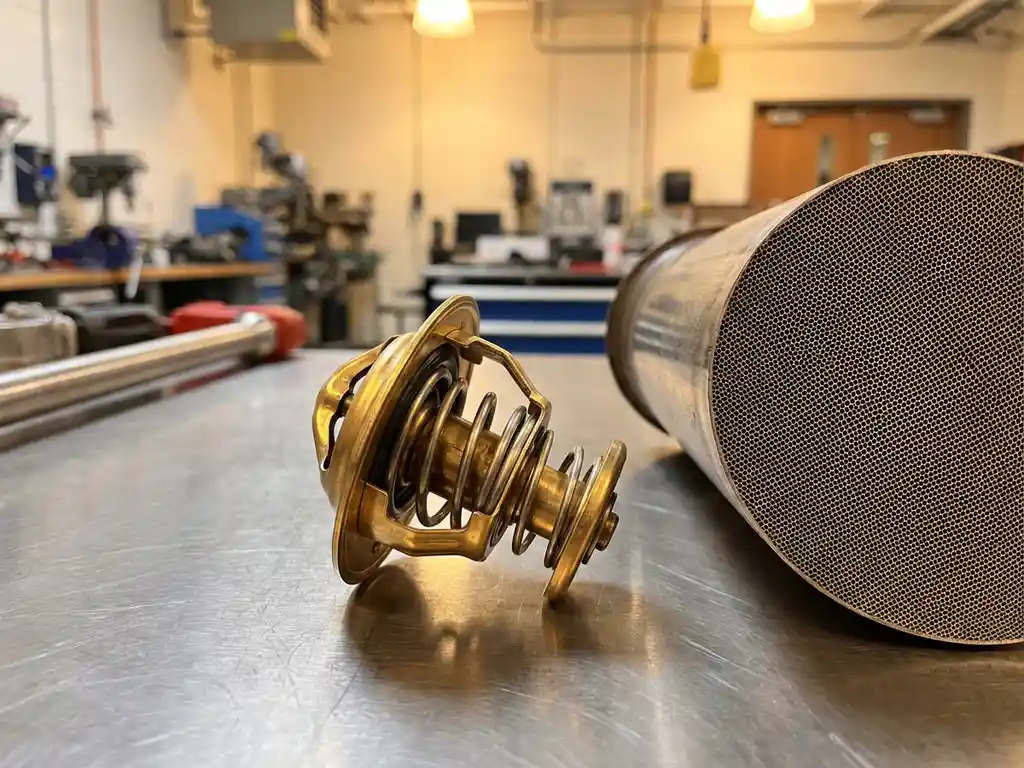 Precision automotive thermostat with brass actuator beside honeycomb catalytic converter on metal workbench in engineering lab