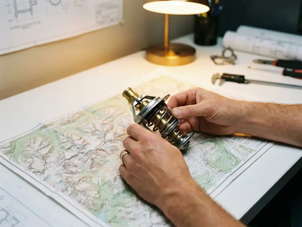 Precision automotive thermostat with metal coils and springs on white workbench above topographical map, engineer's hands adjusting brass and steel component under warm workshop lighting
