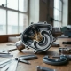 Automotive thermostat component with exposed metallic chambers and valves on engineering workbench with precision calipers and measurement tools