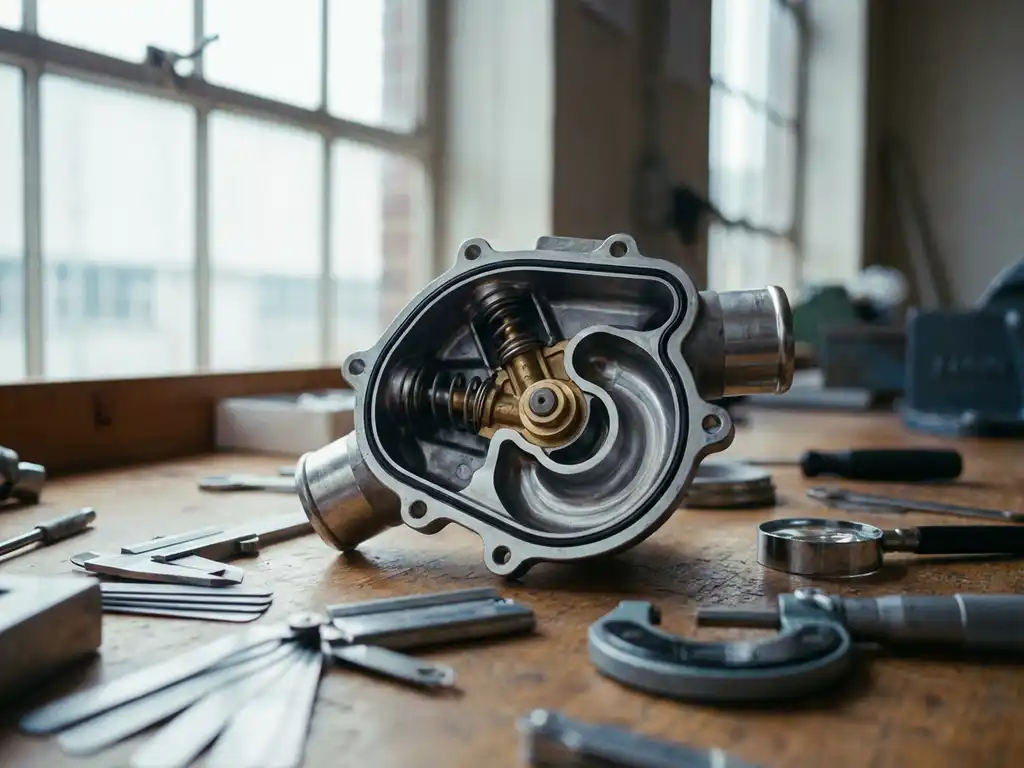 Automotive thermostat component with exposed metallic chambers and valves on engineering workbench with precision calipers and measurement tools