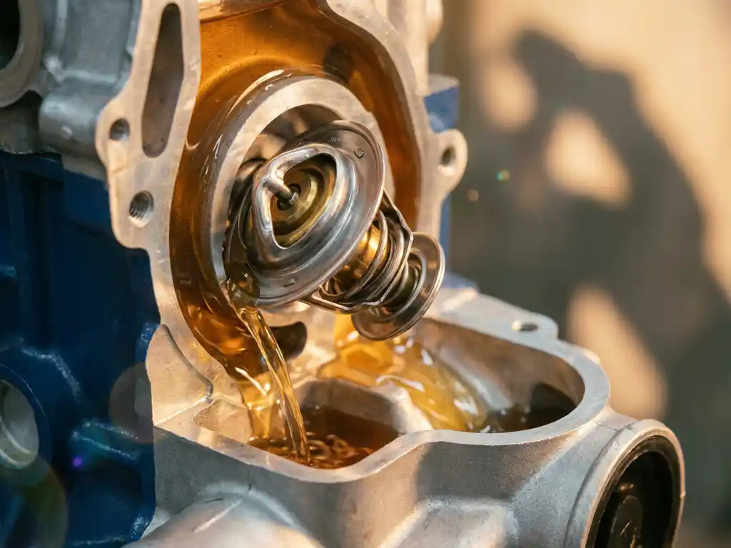 Precision automotive thermostat with metallic surfaces inside engine block cutaway, coolant flowing through channels with golden workshop lighting