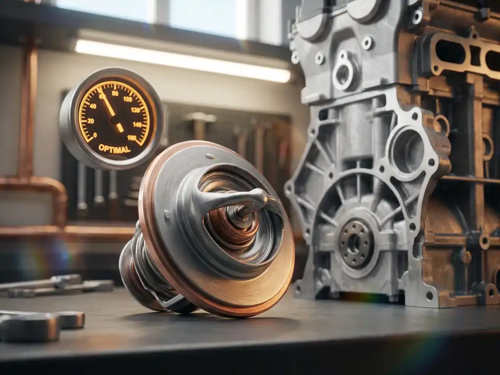 Automotive thermostat with metallic housing beside car engine block, temperature gauge displaying optimal range in workshop setting