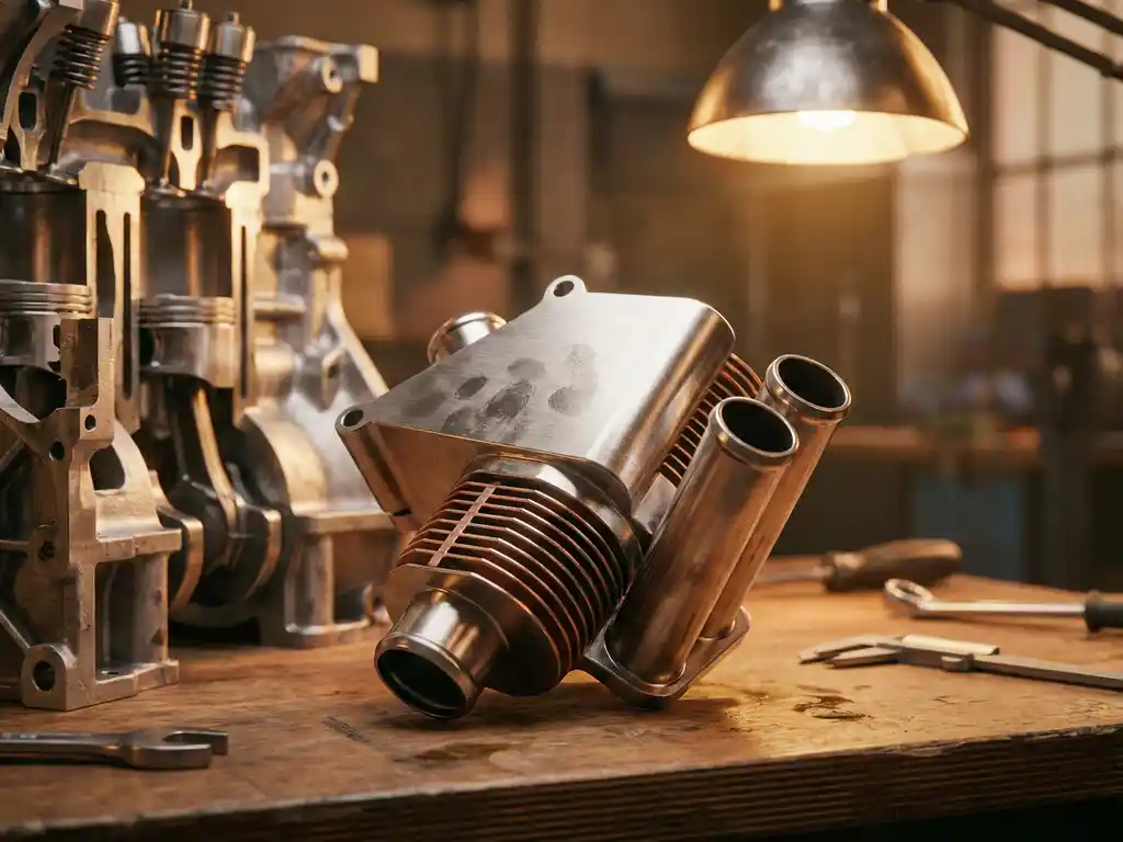Precision automotive thermostat with metallic fins and copper heat exchanger on industrial workbench beside cutaway engine block