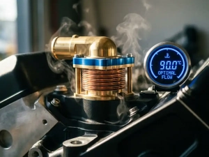 Precision thermostat with metal fins and copper elements mounted on automotive engine block with rising steam and temperature gauge