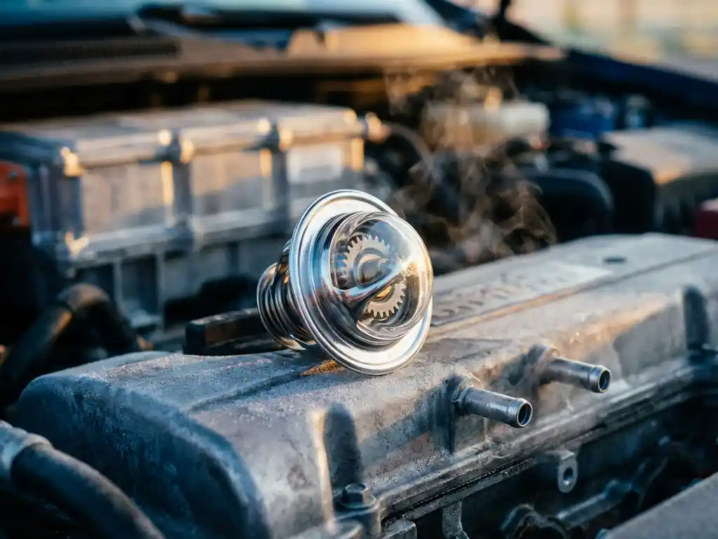 Chrome automotive thermostat on frost-covered engine block with visible valve mechanism and steam rising from cooling passages