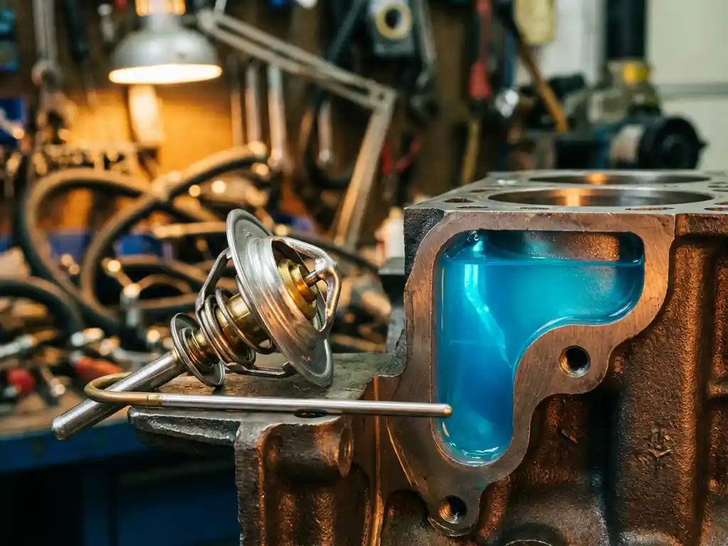 Precision thermostat with brass valve mechanism next to cutaway automotive engine block showing blue coolant channels