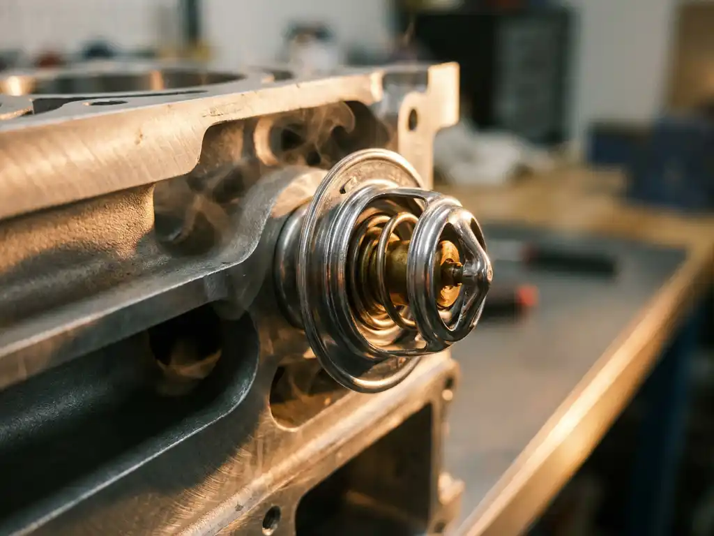 Chrome automotive thermostat with open valves inside aluminum engine block cutaway, steam rising from cooling passages