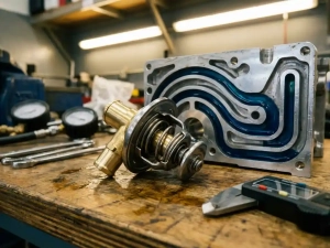 Automotive thermostat component with brass and steel details positioned beside engine block cutaway showing coolant channels on professional workbench