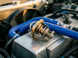 Precision automotive thermostat with open metallic housing showing internal mechanisms on engine bay surface with cooling pipes