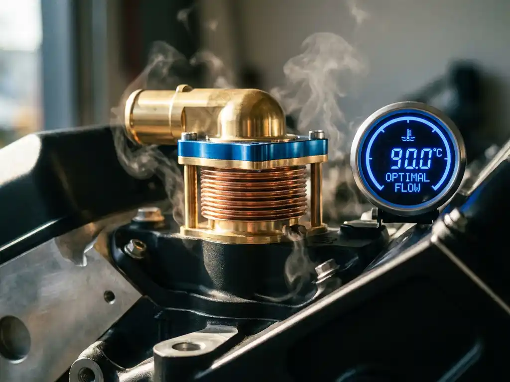 Precision thermostat with metal fins and copper elements mounted on automotive engine block with rising steam and temperature gauge