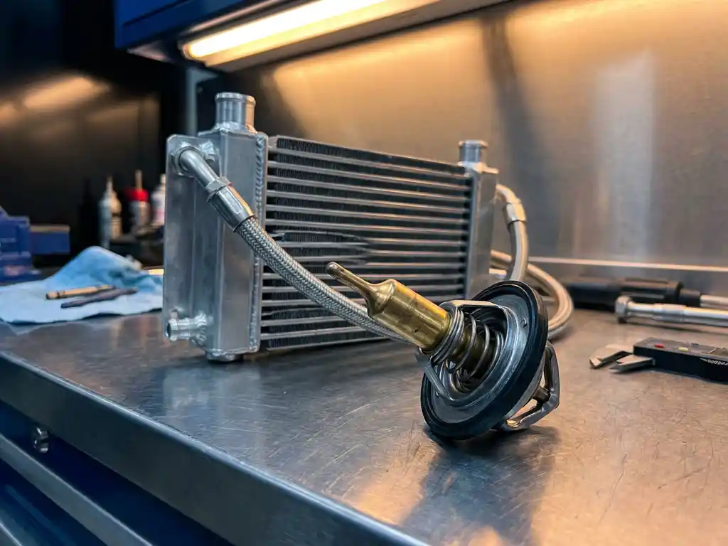 Automotive thermostat with exposed wax sensing element beside transmission cooling system on workshop bench under bright lighting