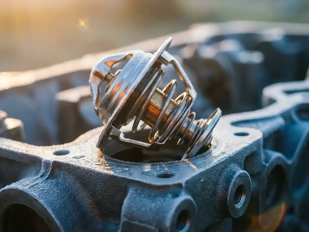 Chrome automotive thermostat with valve mechanisms on frost-covered engine block, morning condensation droplets in golden sunrise light