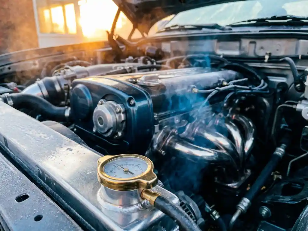 Car engine bay at dawn with frost-covered surfaces, vapor rising from exhaust, and precision thermostat component in foreground