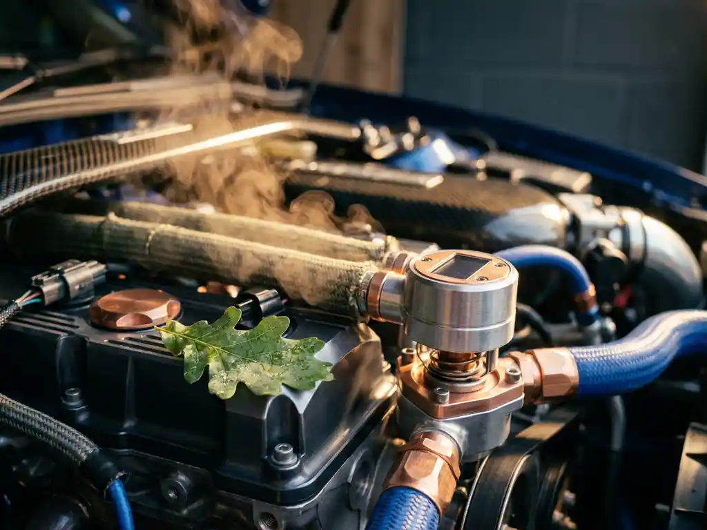 Modern car engine bay with precision thermostat in foreground, golden steam rising from coolant lines, green leaf on engine block