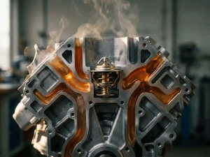 Cutaway car engine block showing amber-glowing coolant passages with central thermostat component and steam rising from heated surfaces