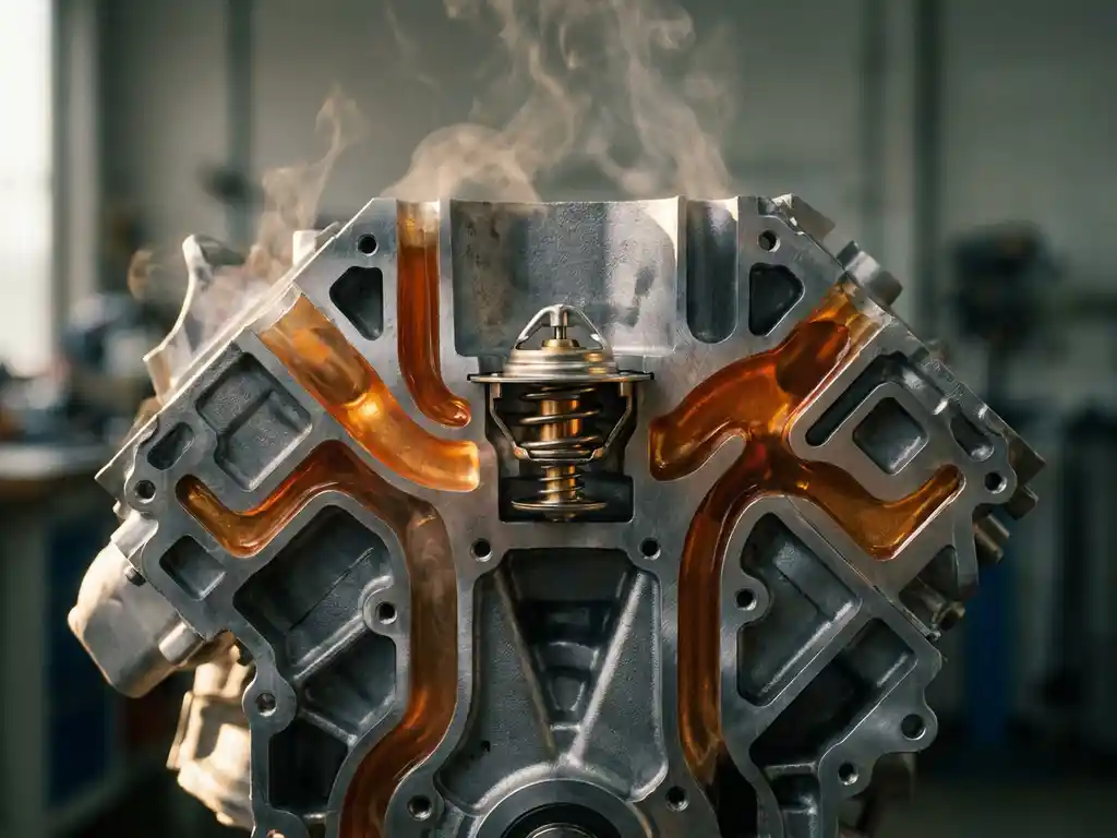 Cutaway car engine block showing amber-glowing coolant passages with central thermostat component and steam rising from heated surfaces