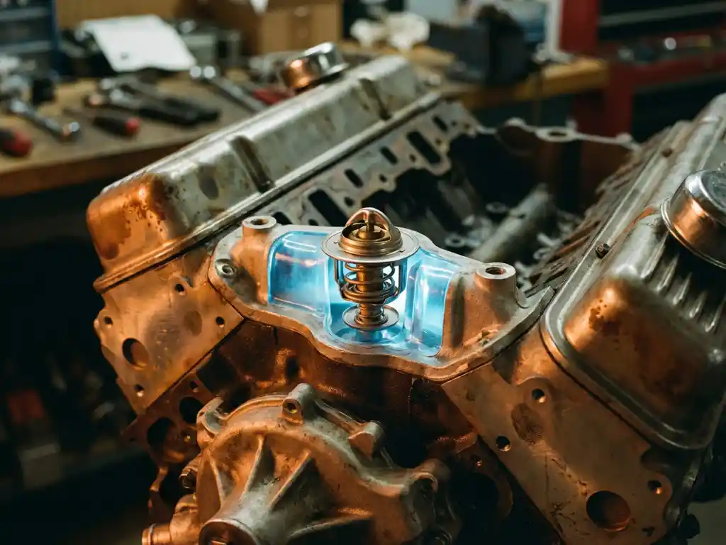 Car engine block cutaway showing precision thermostat in cooling system with amber lighting and blue coolant passages