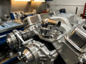 Chrome thermostat housing centered in pristine car engine block with polished metal surfaces and precision-machined components