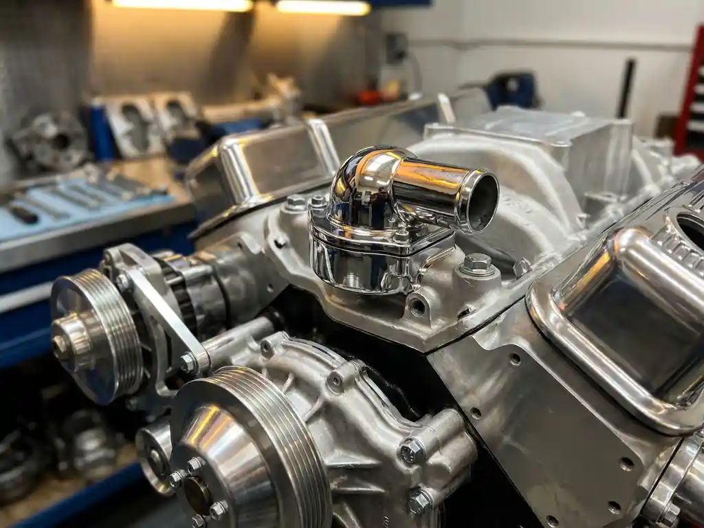 Chrome thermostat housing centered in pristine car engine block with polished metal surfaces and precision-machined components