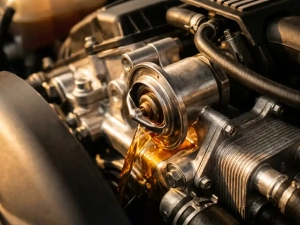 Car engine thermostat valve partially open with amber coolant flowing through polished aluminum passages and heat exchangers