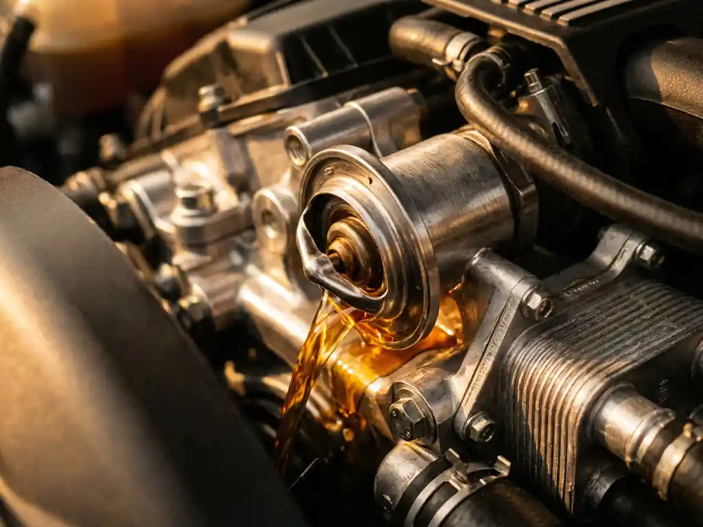 Car engine thermostat valve partially open with amber coolant flowing through polished aluminum passages and heat exchangers