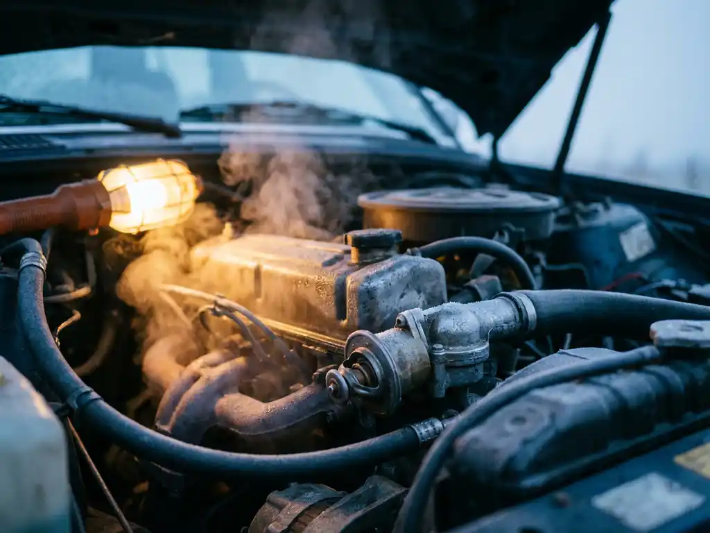 Car engine bay at dawn with frost crystals on thermostat housing and exhaust vapor condensing in cold morning air