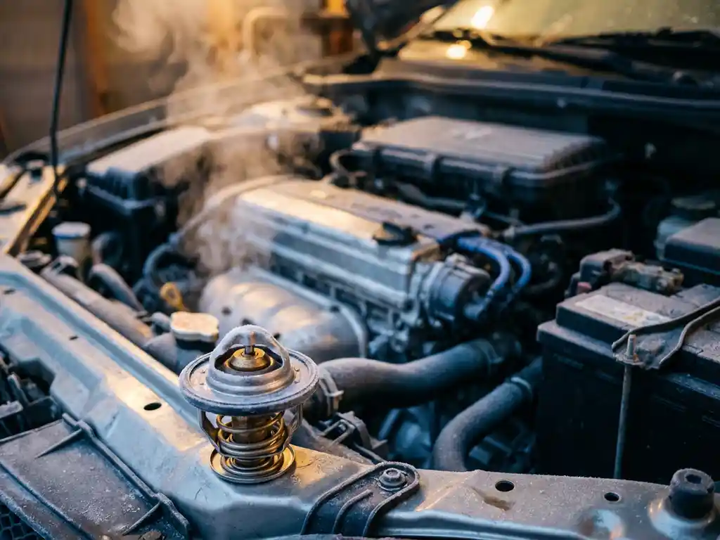 Car engine bay with frost-covered surfaces and exhaust vapor, featuring a closed thermostat component in foreground during cold winter morning