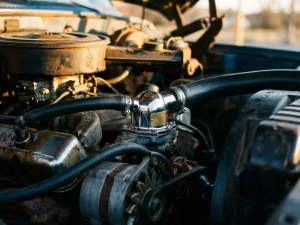 Chrome thermostat housing with coolant hoses in weathered truck engine bay under golden hour lighting