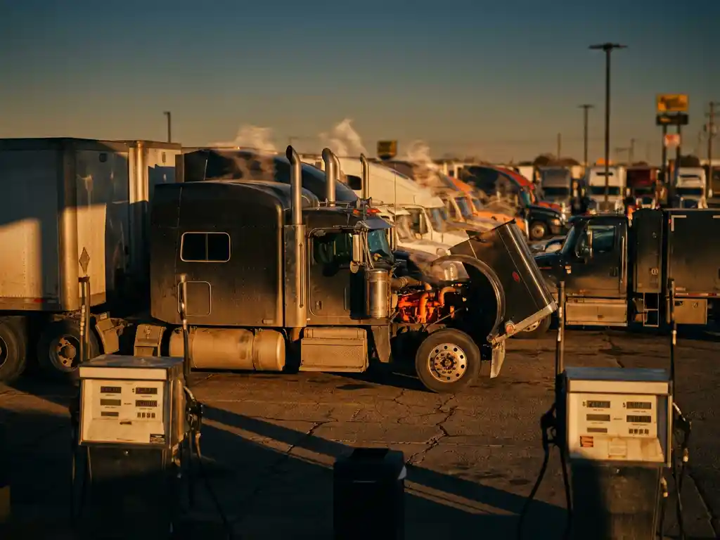 Commercial trucks at fuel station with heat waves rising from engines, open hood revealing glowing components, fuel dispensers showing high costs in golden hour light