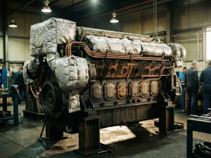 Massive diesel engine block with exposed copper cooling channels and orange heat signatures in industrial workshop
