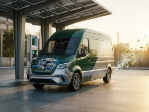 Modern delivery van with cutaway hood showing engine components parked at solar-powered charging station, exhaust vapor transforming into green leaves