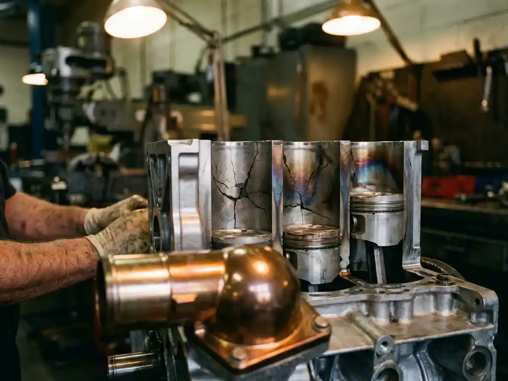 Precision engine block cutaway revealing stress fractures and thermal damage on metal components with thermostat housing in foreground