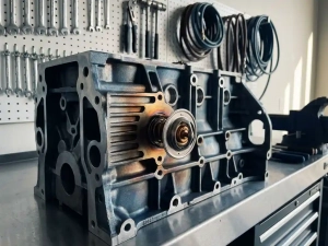 Engine block with central thermostat component showing heat stress patterns from blue-gray to amber tones in automotive workshop